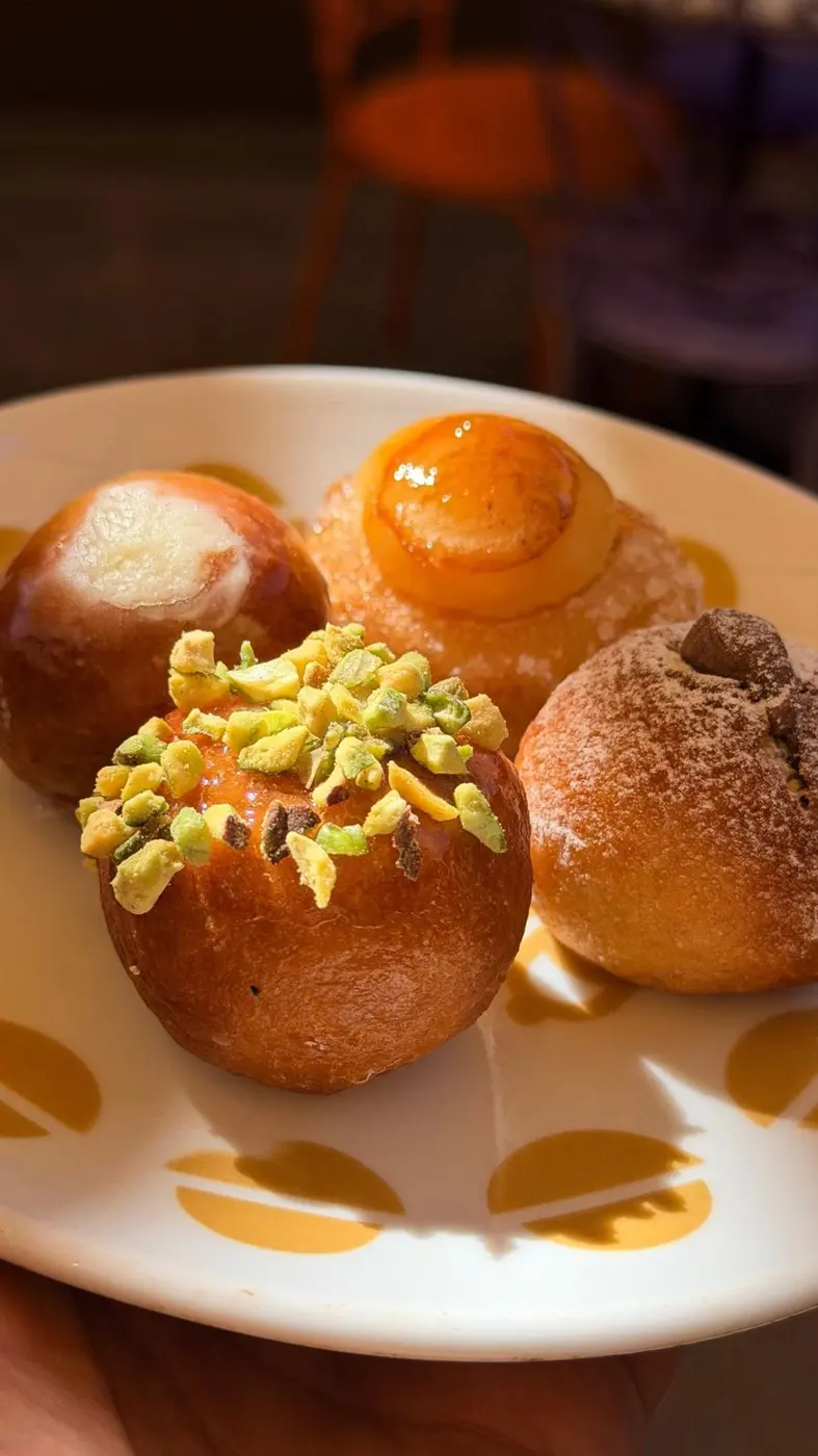 Bunyols farcits de pistatxo, crema cremada, nata i xocolata