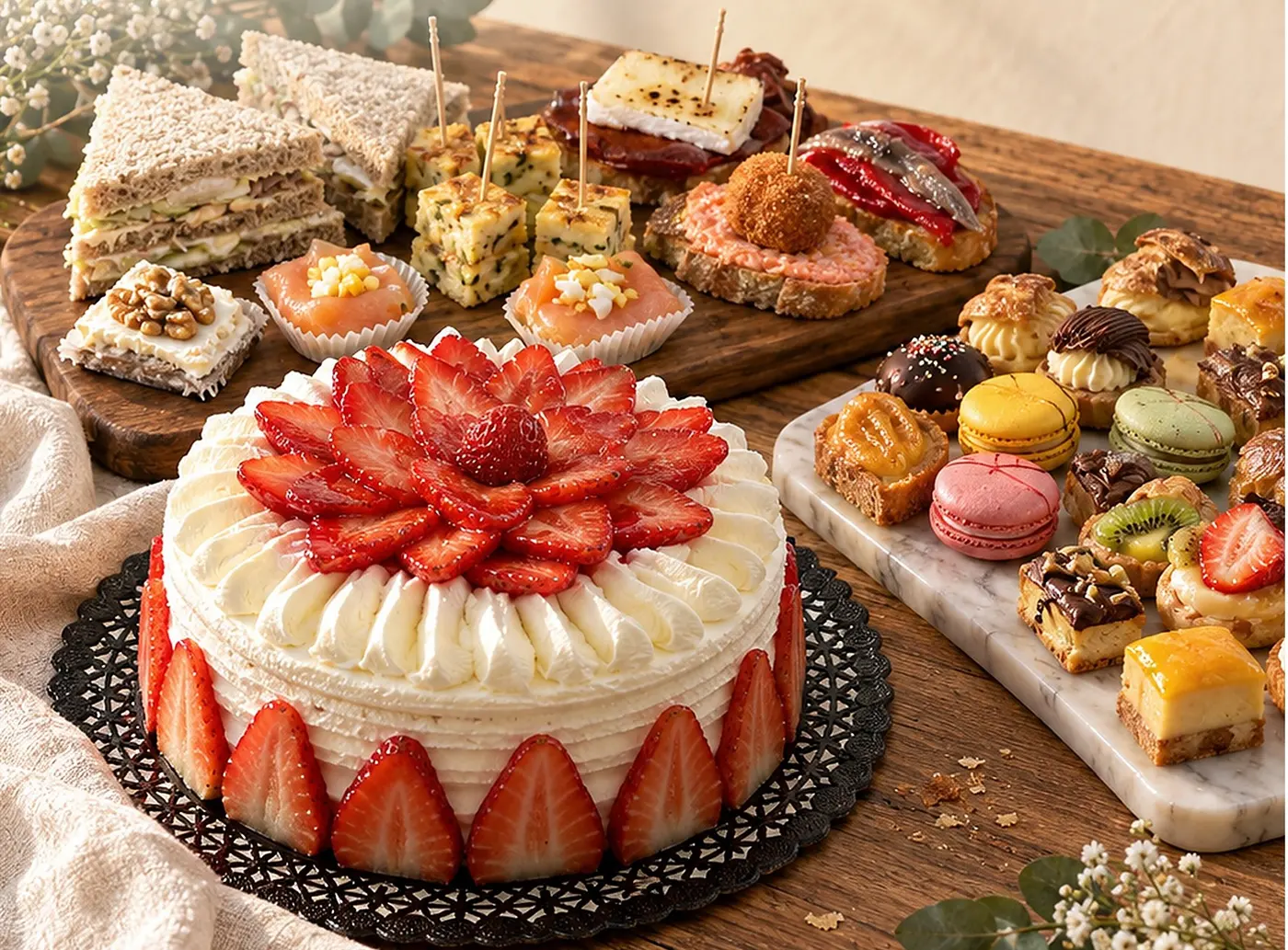 Taula de celebració amb entrepans, canapès, pastís de maduixes i petits fours, de la portada de la carta de celebracions